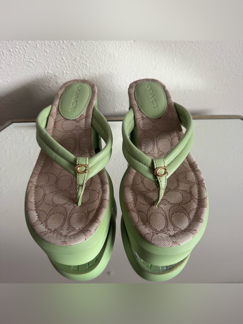 COACH Pistachio Green Leather Y2K Franki Monogram Platform Sandal Flip Flops - Picture 8 of 14